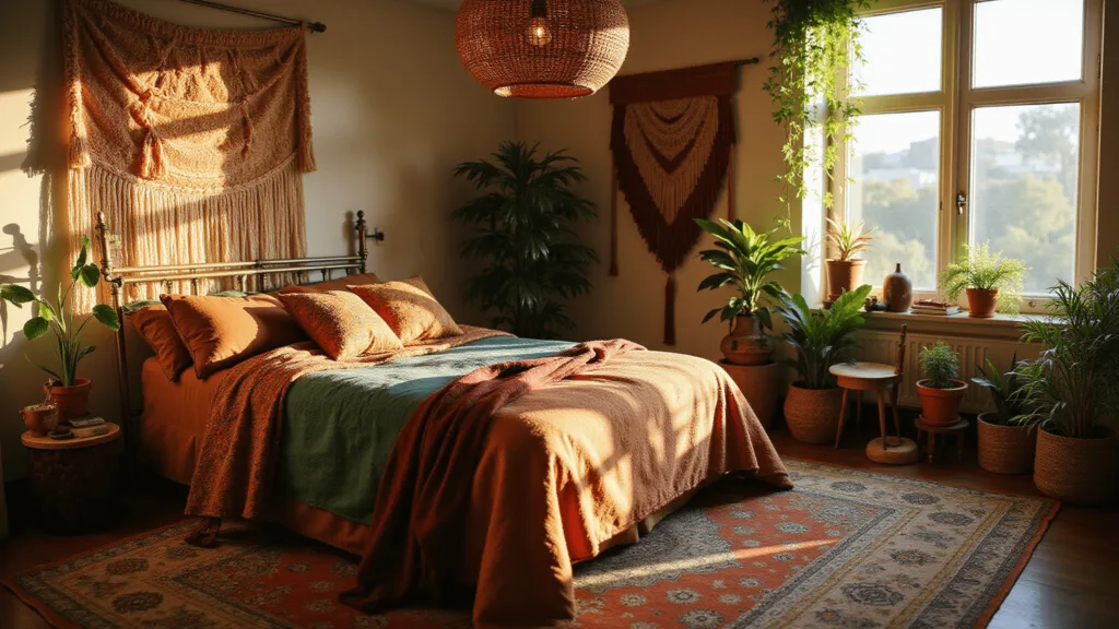 "Boho bedroom with brass bed, layered textiles, macramé wall decor, Persian rug, rattan pendant light, and houseplants in warm golden hour light"