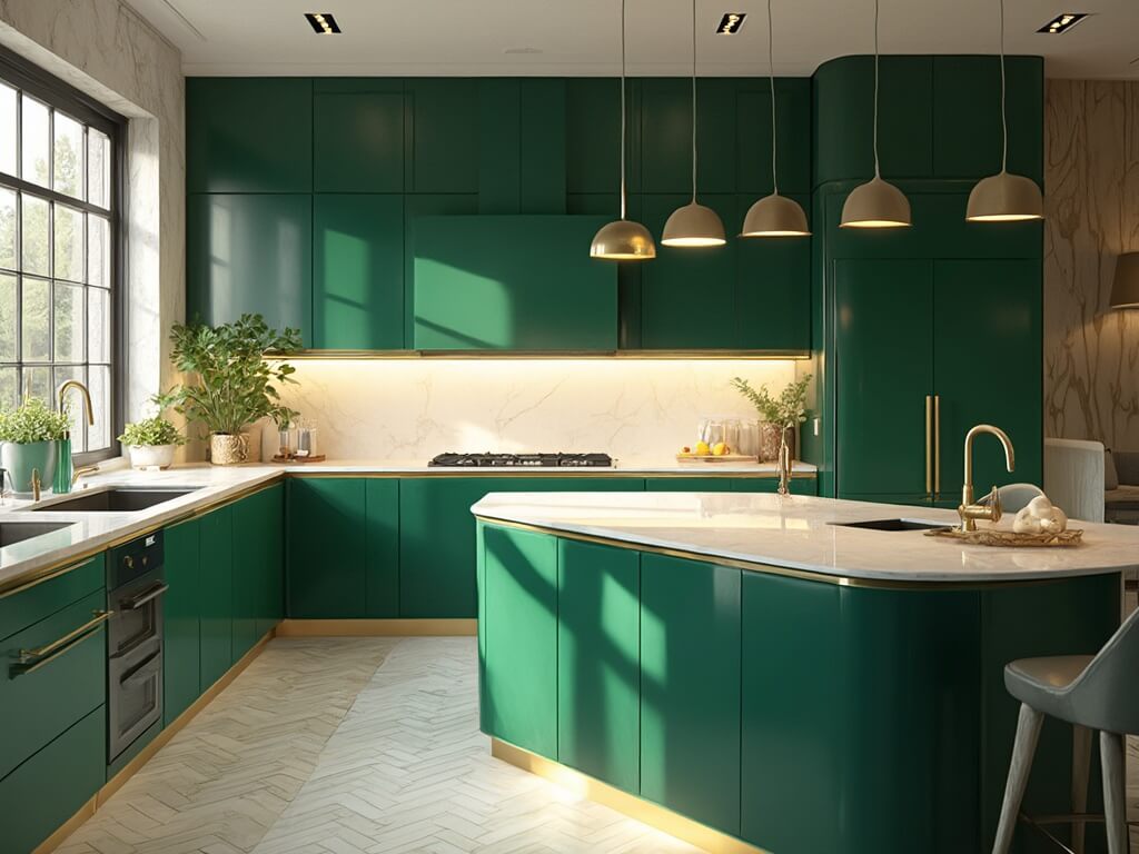 "Emerald green luxurious kitchen interior with quartz waterfall countertops, marble-topped island, modern pendant lights, and under-cabinet LED lighting"