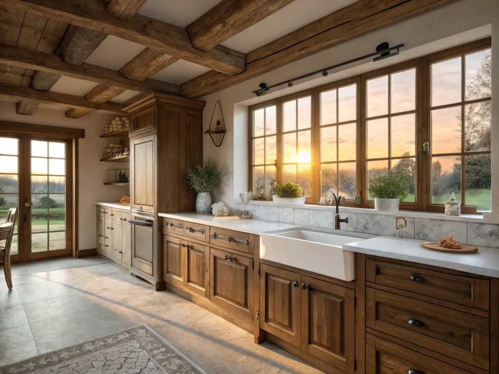 "Farmhouse style kitchen with natural wood oak cabinets, white quartz countertops, and exposed wooden beams, bathed in warm morning sunlight."