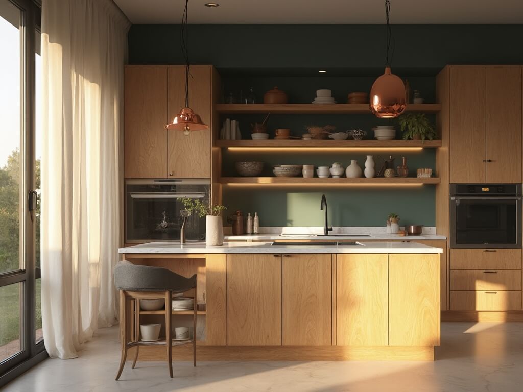 "Luxurious kitchen with golden oak cabinets, sage green walls, and copper accents during golden hour"