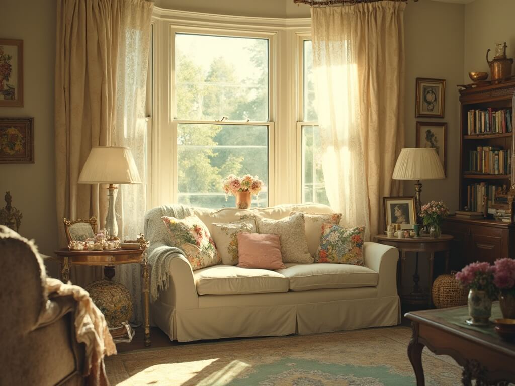 "Vintage chic living room bathed in golden hour sunlight, featuring lace curtains, cream sofa with floral cushions, Persian rug, antique furnishings, and fresh roses."
