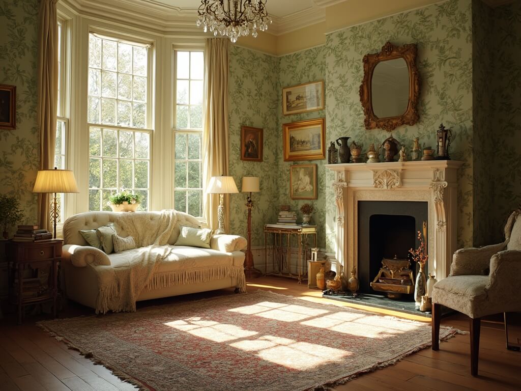 "Victorian living room with sage green floral wallpaper, cream tufted settee, Persian rugs, vintage brass lamps, marble fireplace, mahogany side tables, and crystal chandelier bathed in golden hour sunlight."