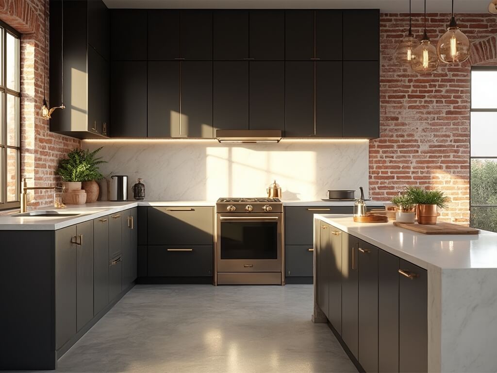 "Modern industrial kitchen with Iron Ore colored cabinets, white quartz waterfall island, red brick walls, polished concrete floors, and Calacatta marble backsplash, lit by under-cabinet and pendant lighting."