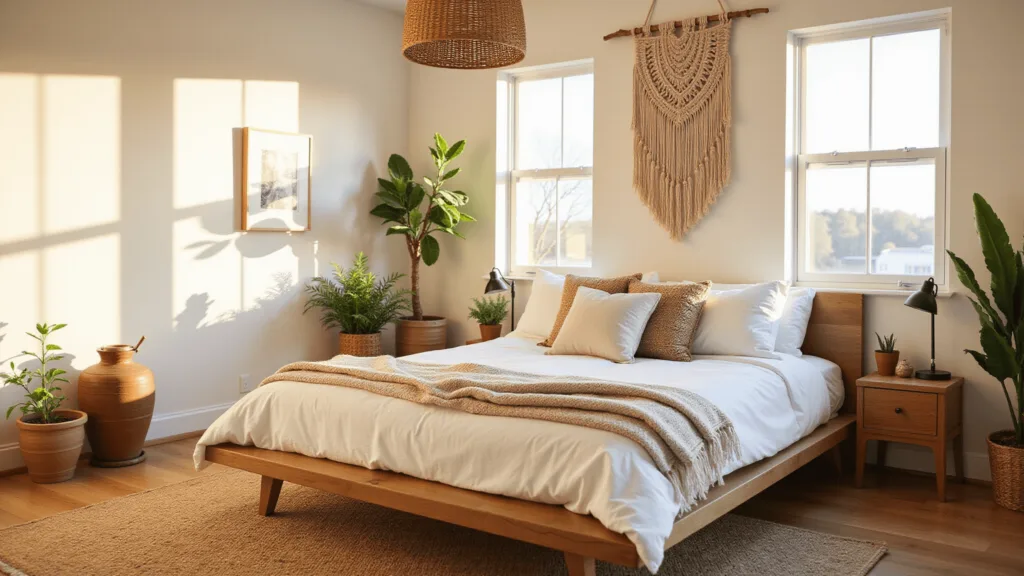 "Serene Japandi boho bedroom illuminated by golden hour light, designed with natural textures, earth tones, potted plants and vintage elements for a calm feel."