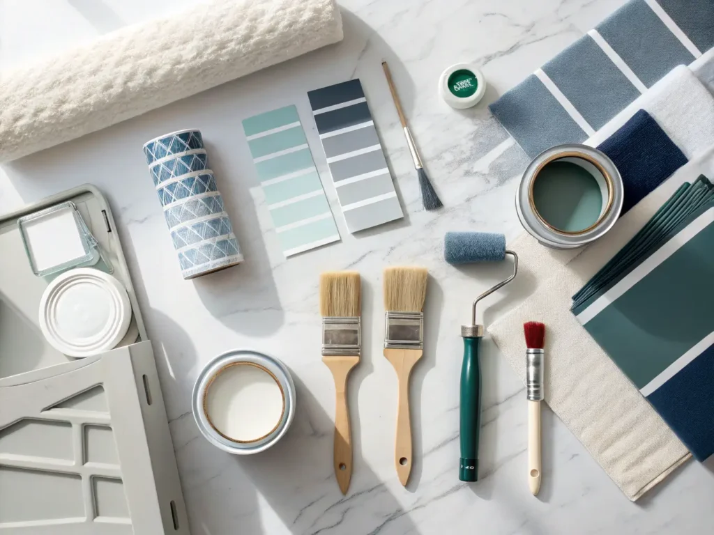 "DIY kitchen cabinet painting supplies organized on white marble countertop, featuring brushes, paint samples, primer, masking tape, and cleaning tools."