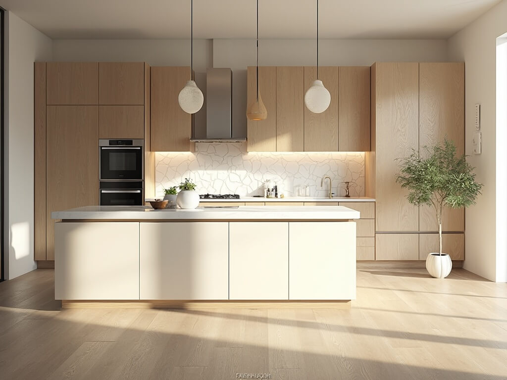 "Sunny modern kitchen with light oak cabinets, white quartz island and stainless steel appliances"