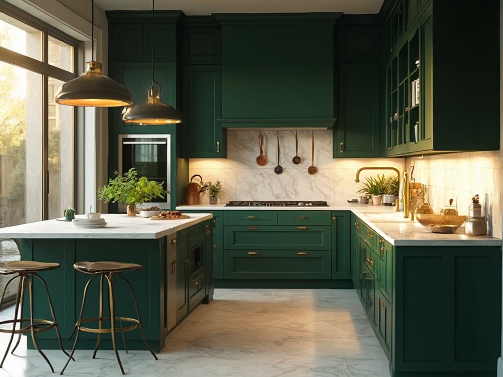 "Luxurious modern kitchen with dark green shaker-style cabinets, Carrara marble countertops, brass accents, and natural light streaming in through windows"