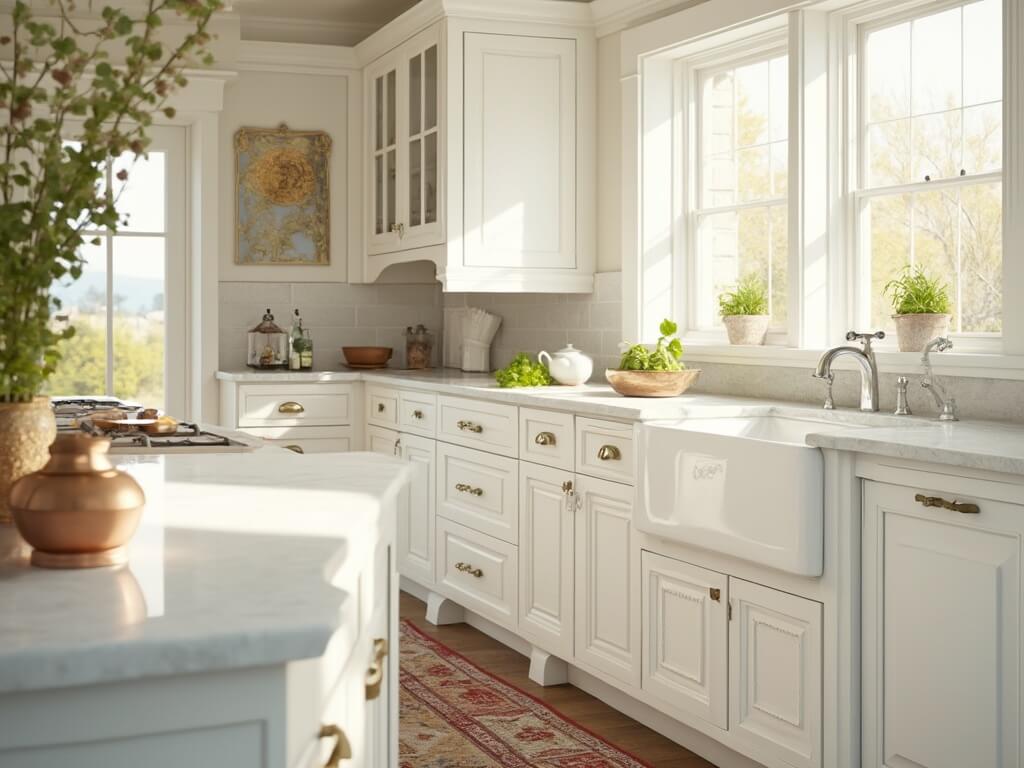 "Sunlit traditional kitchen with white inset cabinets, Carrara marble countertops, and vintage brass hinges, featuring a porcelain farmhouse sink and artisanal cookware"