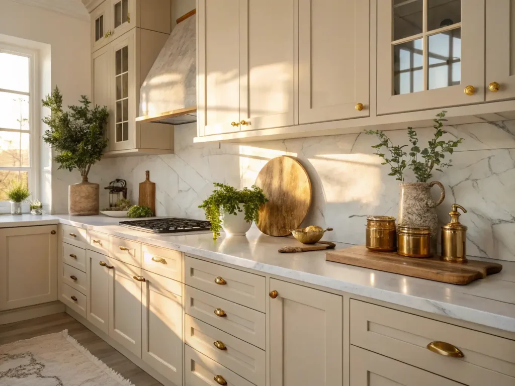 "Modern luxury kitchen with beige cabinets, marble countertops and brass hardware in golden hour sunlight"
