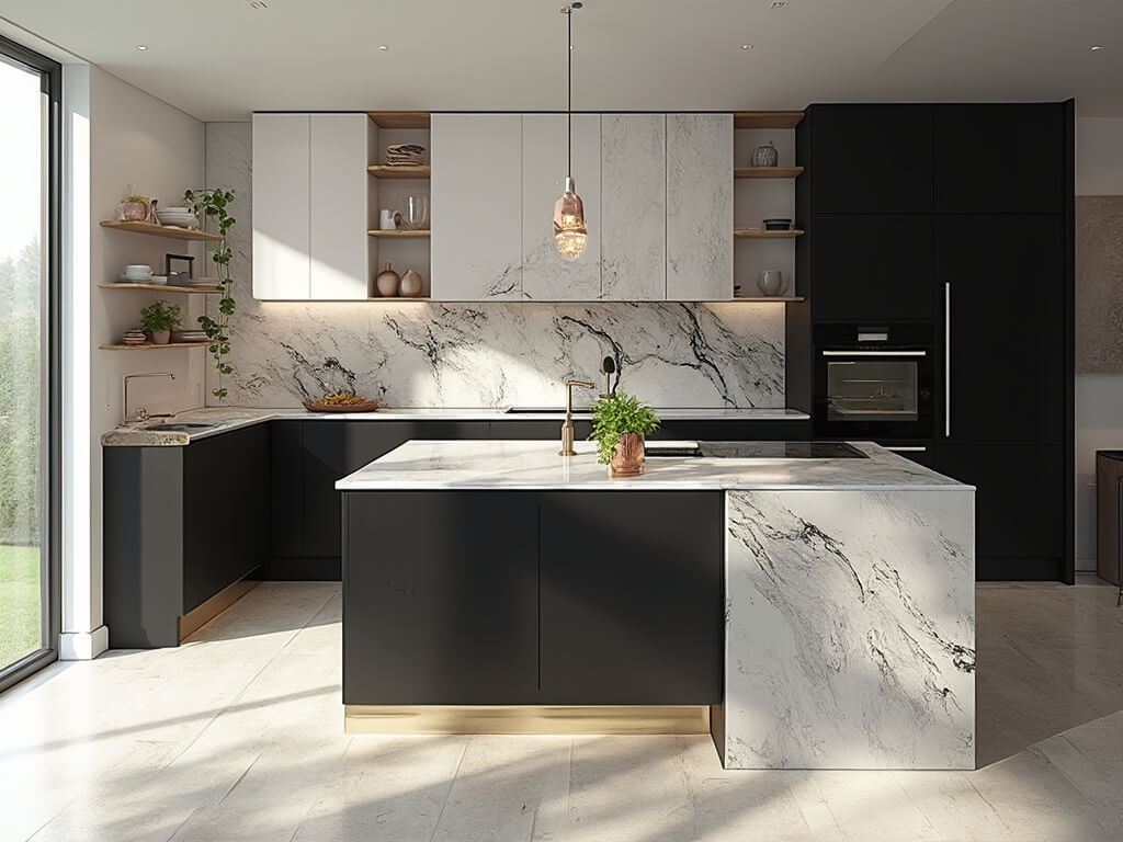 "Spacious modern kitchen with black and white cabinetry, Calacatta marble island, gold fixtures, wooden shelves with ceramic display, and stainless steel appliances in morning sunlight"