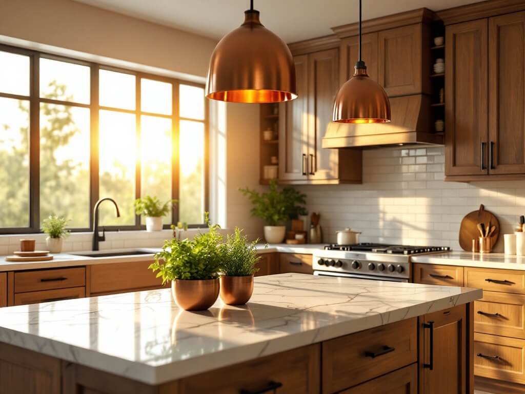 Photorealistic cinematic wide-angle of a luxury modern farmhouse kitchen with rich oak cabinetry, marble island, copper accents, and golden hour sunlight streaming through west-facing windows.