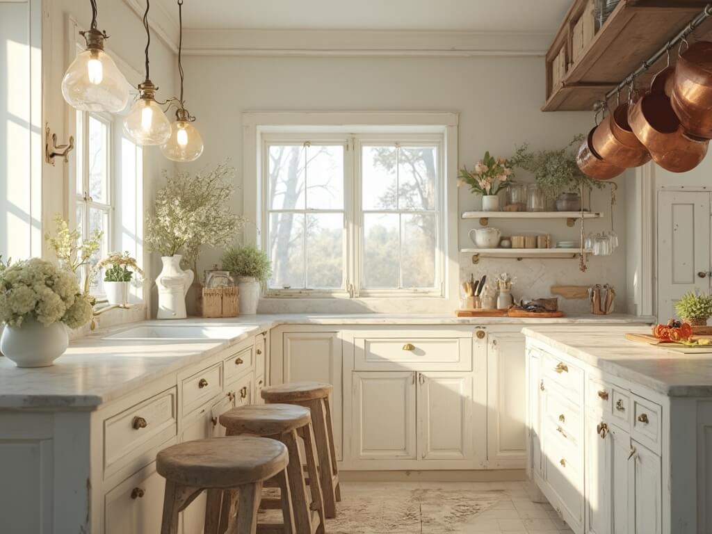 "Luxurious antique white kitchen with Shaker-style cabinets and Carrara marble countertops, bathed in soft morning sunlight"