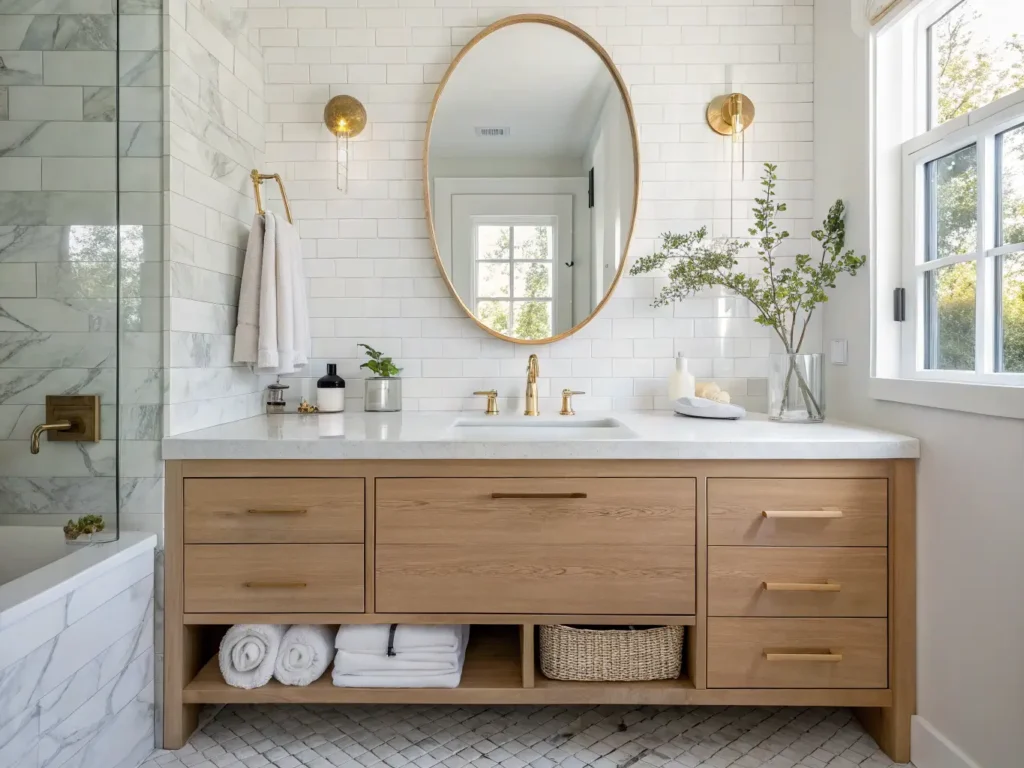 "Luxurious bright bathroom with white oak floating vanity, Carrara marble countertop, backlit oval mirror, neatly arranged luxury toiletries in glass vessels, fresh eucalyptus sprig, and brushed gold hardware bathed in soft natural light streaming through window."