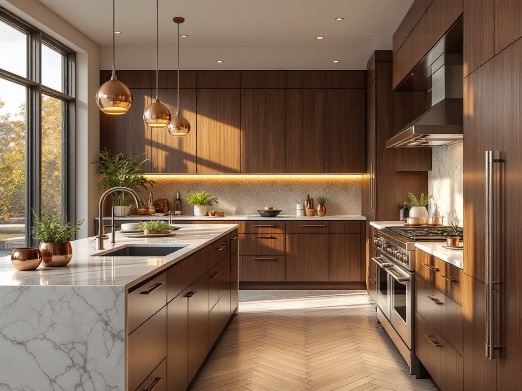 Photorealistic luxury modern kitchen with espresso-brown wood cabinets, white quartz island, golden hour lighting, stainless appliances, and copper accents.