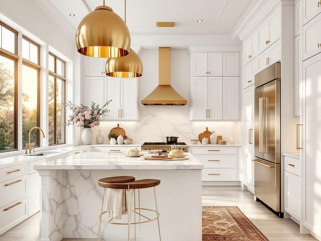 Luxurious modern white and gold kitchen with marble island, gold fixtures, and sunlight-filled interior.
