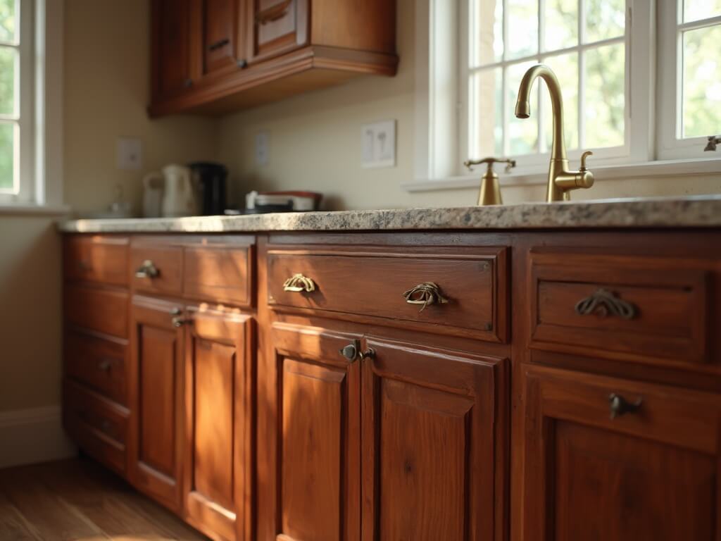 "Mahogany stained Shaker-style kitchen cabinets in soft morning light with brass hardware, granite countertops, and detailed wood grain"