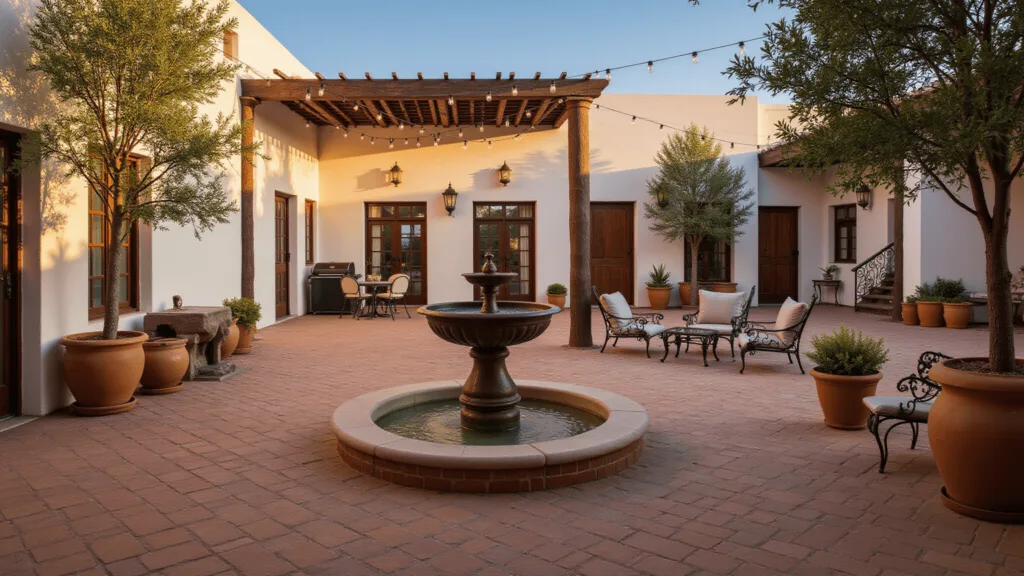 "Mediterranean courtyard at golden hour with a bronze fountain, olive trees, terracotta tiles, and wrought iron furniture under a pergola with string lights"