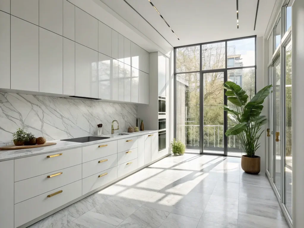 "Modern minimalistic kitchen with white lacquered cabinets, Carrara marble countertops, and a vibrant monstera plant bathed in natural light from floor-to-ceiling windows"