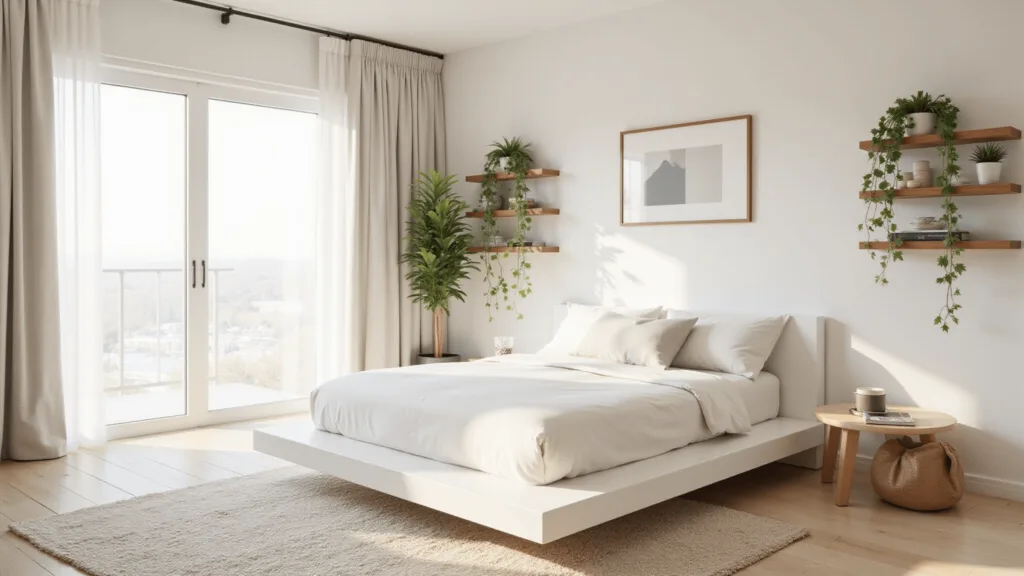 "Minimalist bedroom with white platform bed, floating shelves with sage plants, geometric art, and warm morning sunlight"