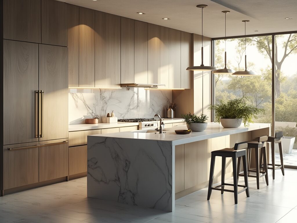 "Modern minimalist kitchen with brushed aluminum cabinets, white quartz countertops, stainless steel appliances, and natural sunlight streaming in through floor-to-ceiling windows."