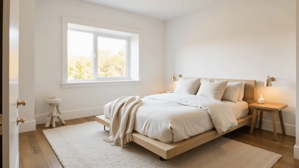 "Modern minimalist basement bedroom with warm golden hour light streaming through a large window"