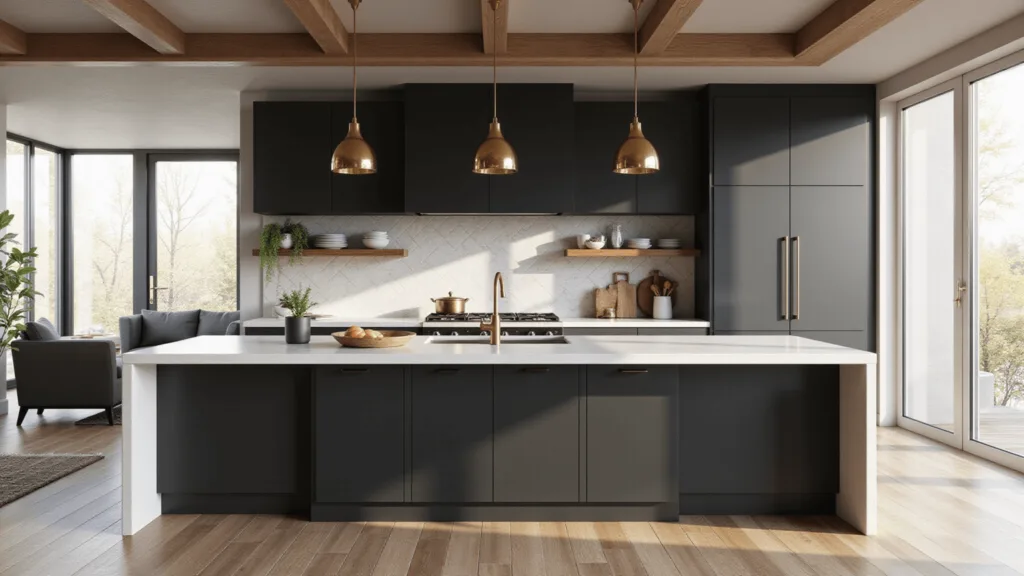 "Modern kitchen with matte black cabinets, white quartz waterfall island, brass pendant lights, herringbone marble backsplash, and morning sunlight through floor-to-ceiling windows"