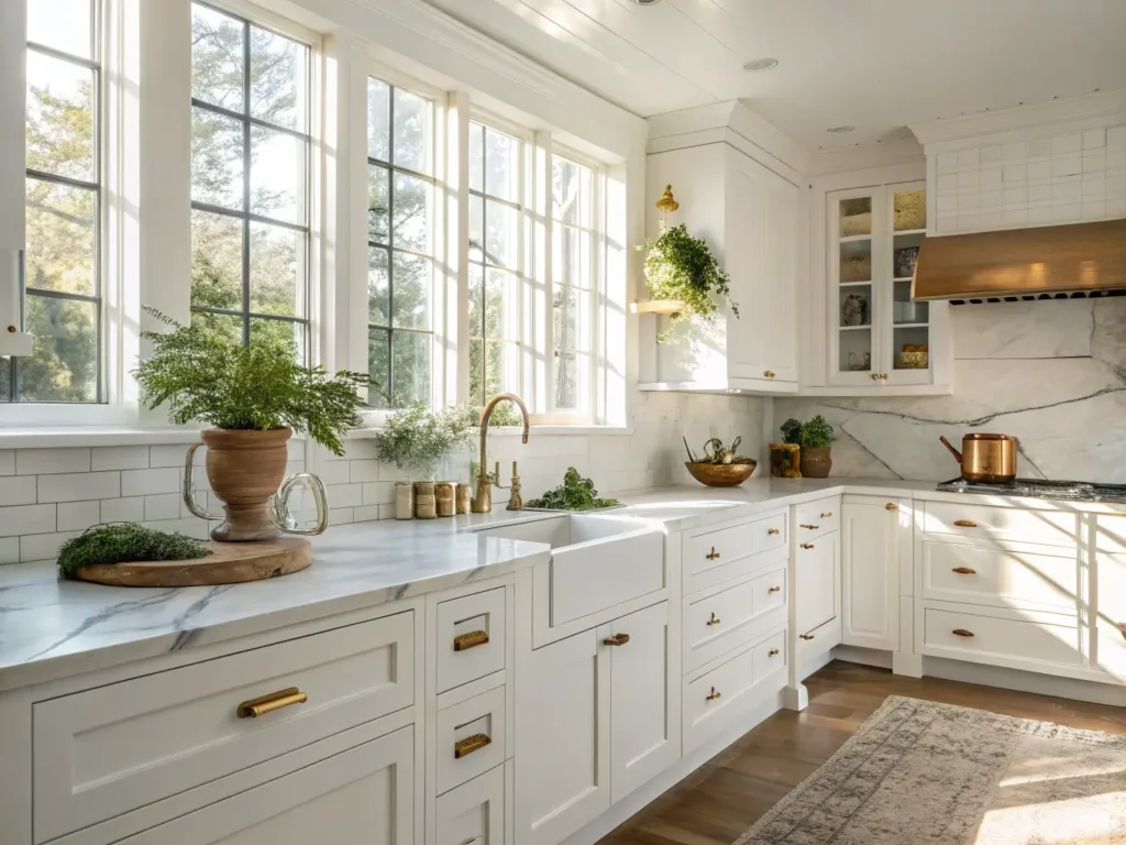 "Modern white kitchen with marble countertops, brass hardware, and natural sunlight"