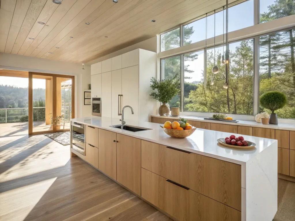 "Modern, bright kitchen with maple cabinets, white quartz island, and oak flooring illuminated by natural light from large windows"