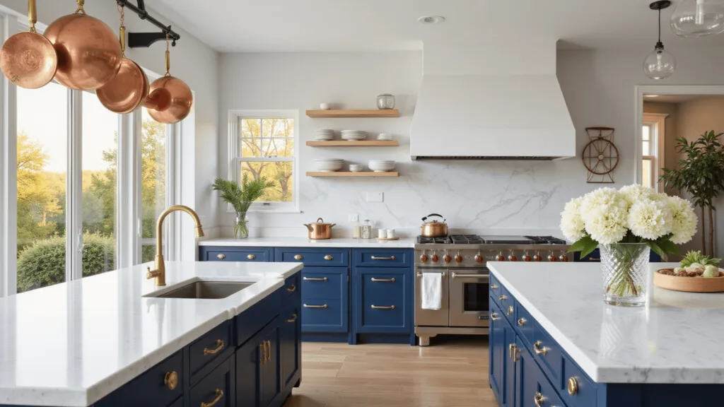 "Modern coastal kitchen with navy blue shaker cabinets, white Carrara marble countertops, polished brass hardware, and warm golden hour sunlight."