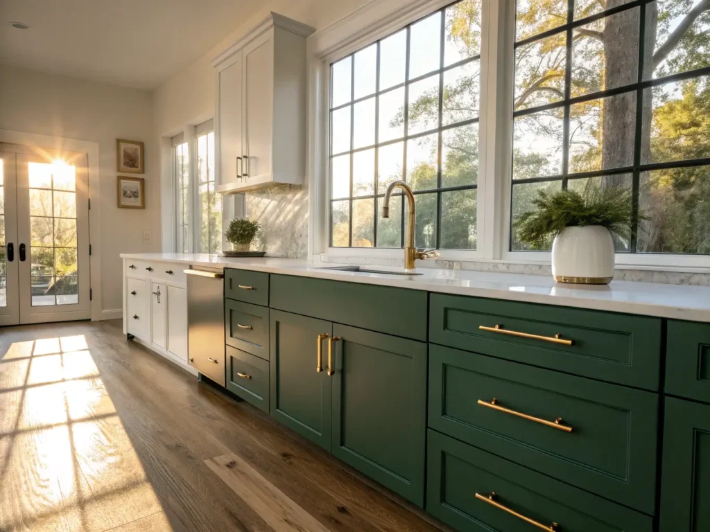 "Modern emerald green kitchen with brass hardware, white quartz countertops, and natural oak flooring, sunlit by golden hour sunlight"