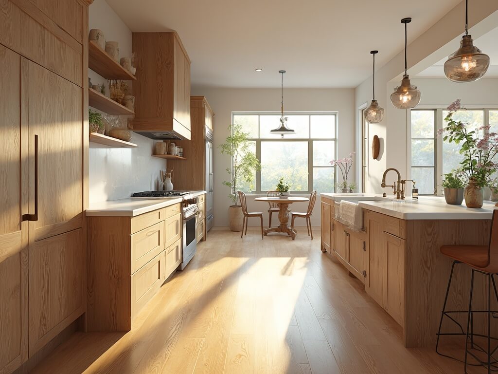 "Modern farmhouse kitchen with hickory cabinets, white quartz countertops, and stainless steel appliances, bathed in morning sunlight"