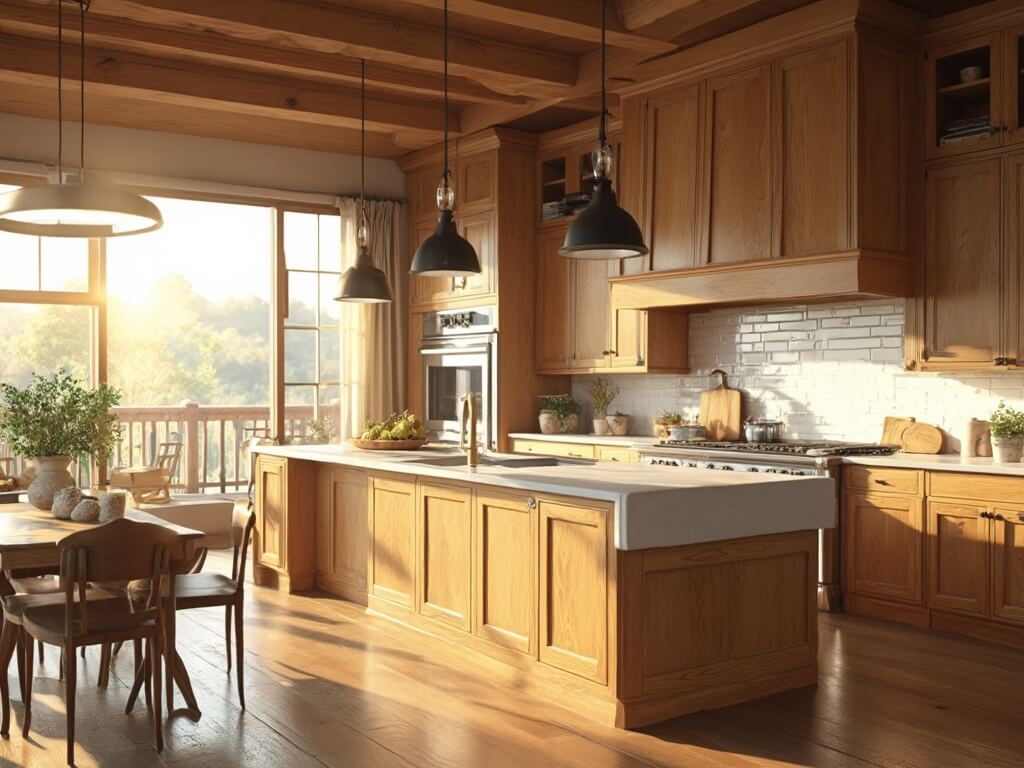 "Modern farmhouse kitchen with oak cabinets, white quartz waterfall island, and golden hour sunlight"