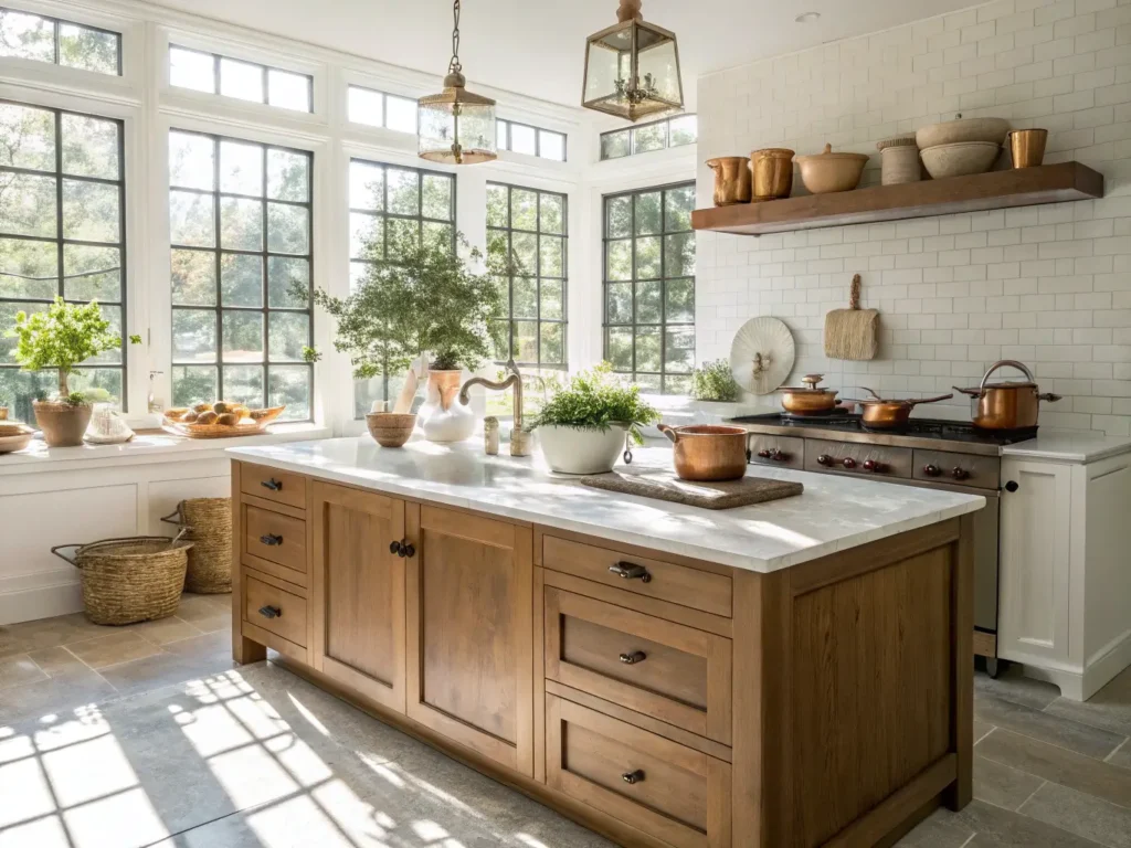 Bright modern farmhouse kitchen with oak cabinets, white marble countertops, walnut island, and sunlit interior with copper cookware and potted herbs.