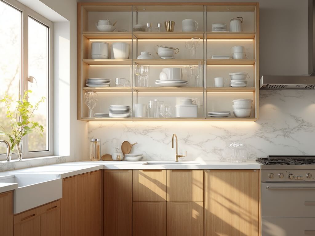 "Modern kitchen with glass cabinets showcasing white dinnerware, quartz countertops, brass accents, and a marble backsplash under warm sunlight"
