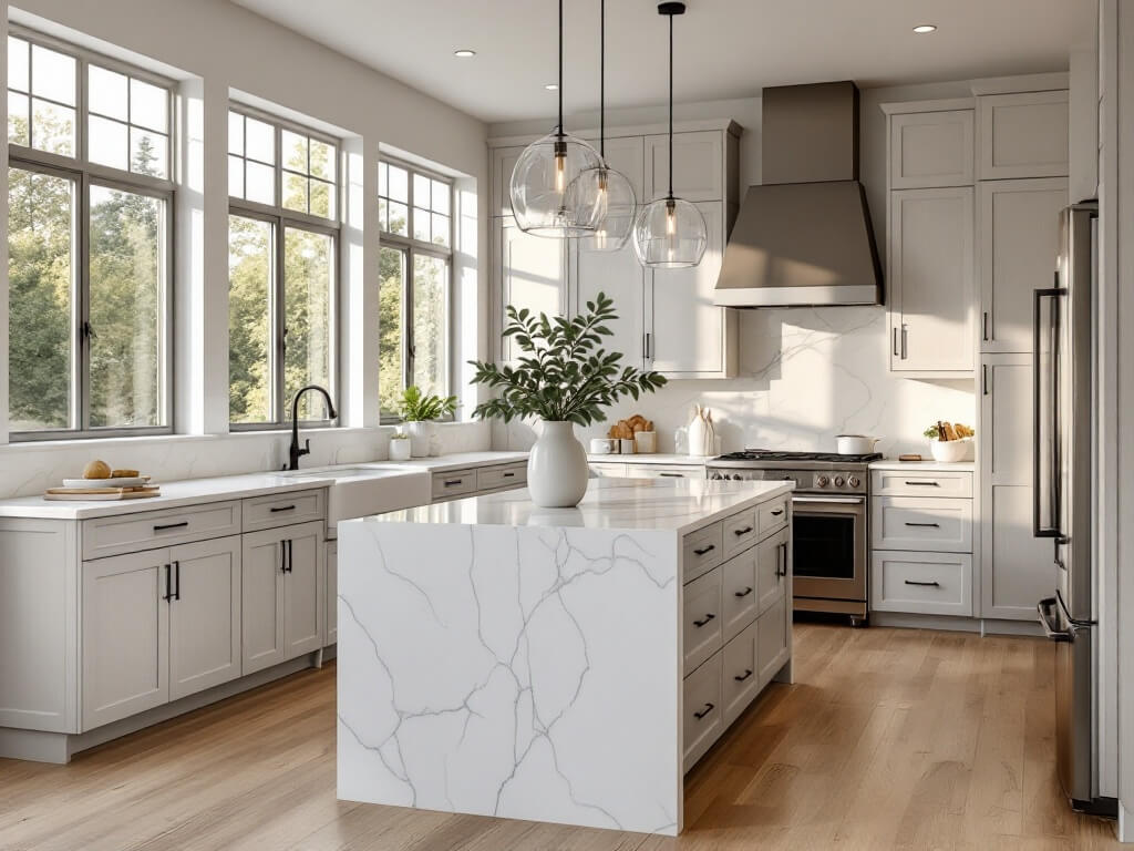 Modern minimalist light gray kitchen with shaker cabinets, white quartz waterfall island, stainless steel appliances, and morning sunlight through floor-to-ceiling windows.