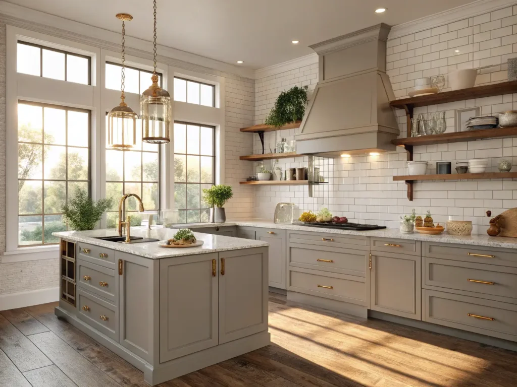 "Modern greige kitchen with marble countertops, brass hardware, and warm lighting"