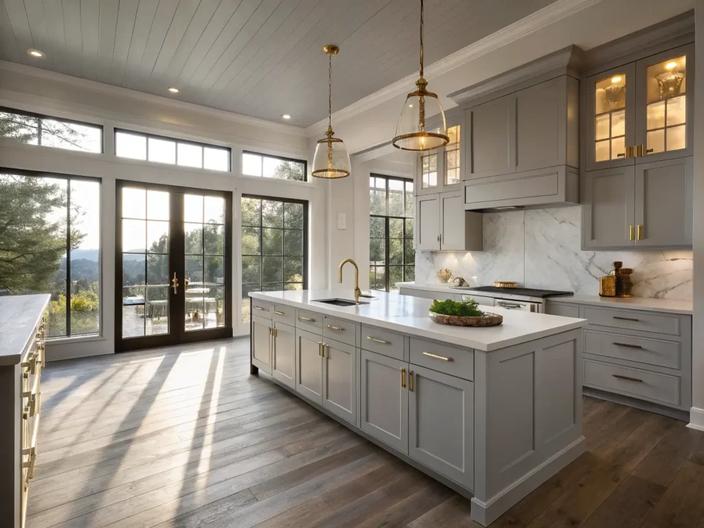 "Modern grey kitchen with white quartz counters, brushed brass pendants, floor-to-ceiling windows and wide oak flooring"