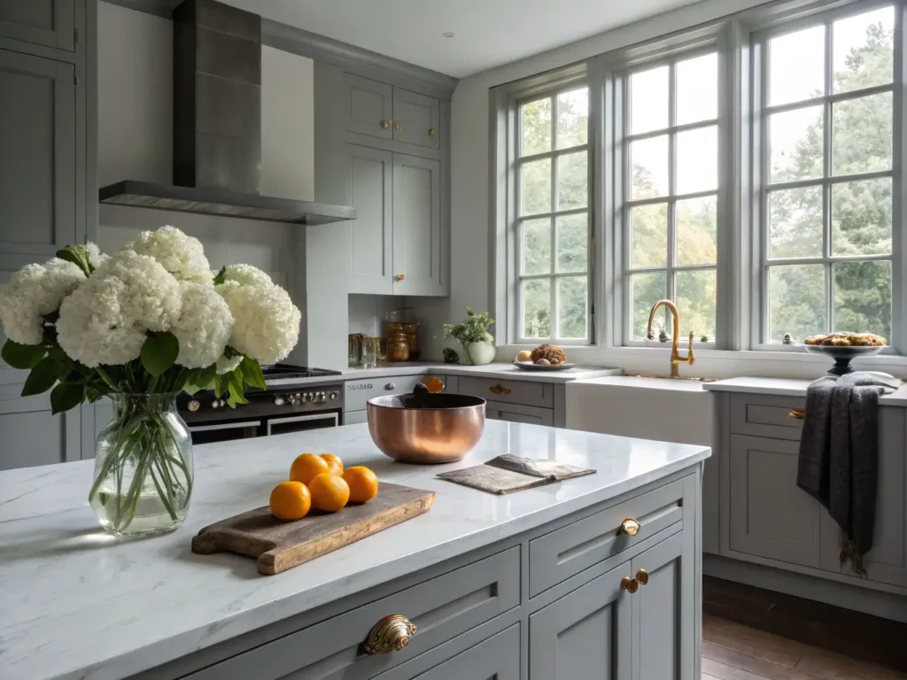 "Modern grey kitchen with marble countertops, brass hardware, and morning light reflecting off matte black ceramics and copper cookware on a central island"