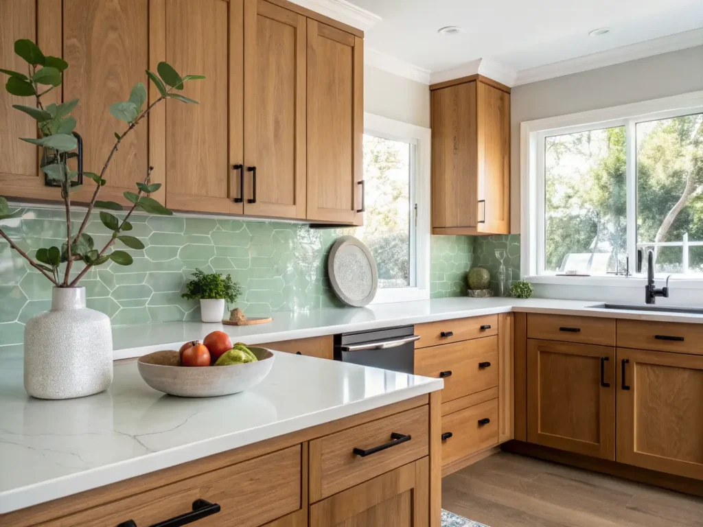"Sunlit modern kitchen with honey oak cabinets, matte black hardware, white quartz countertops, sage green backsplash, and minimalist decor"
