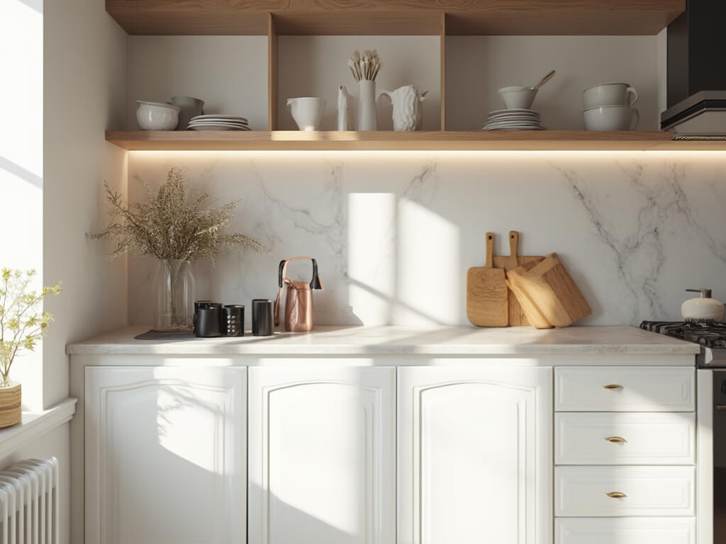 "Modern small kitchen with white shaker cabinets, marble countertops, stylish coffee station, and open shelving displaying minimalist ceramics and cutting boards in morning light"