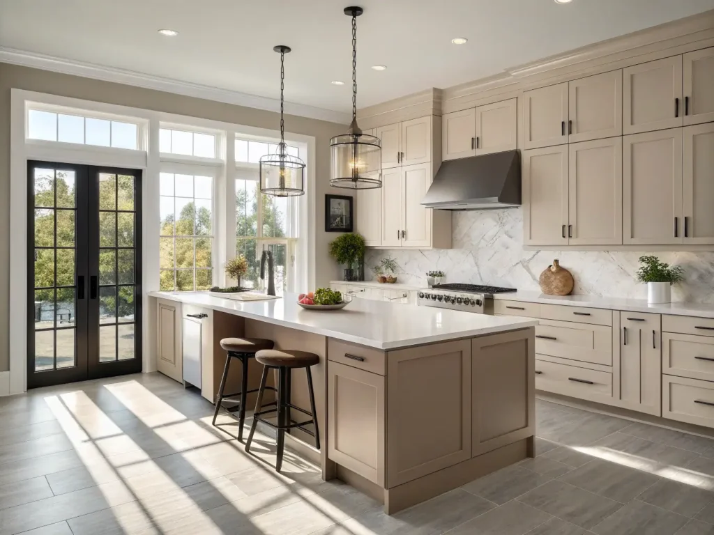 "Modern kitchen with Baby Fawn cabinets, white quartz countertops, and matte black hardware in warm, natural morning light."
