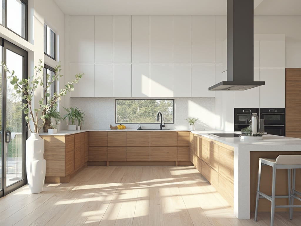 "Modern spacious kitchen with white and walnut cabinets, quartz island, and morning sunlight streaming through floor-to-ceiling windows"