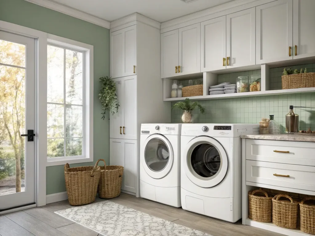 "Modern laundry room interior with white shaker cabinets, sage green accent wall, front-loading machines, open shelving with storage options, in the soft light from a large window."