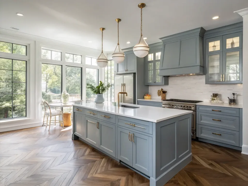 "Modern luxe kitchen with blue-gray shaker cabinets, white quartz countertops, oak herringbone flooring, and stainless steel appliances in morning light"