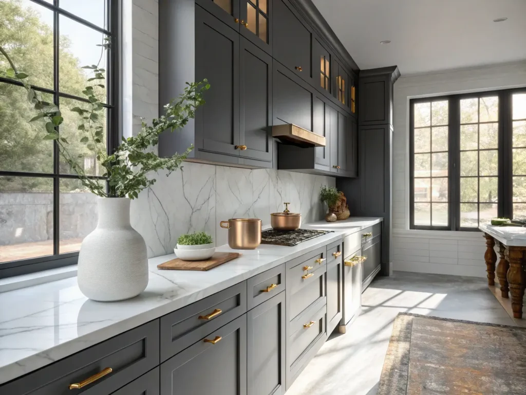 "Modern luxe kitchen with dark grey cabinets, brass accents, and white quartz countertops illuminated by natural morning light"