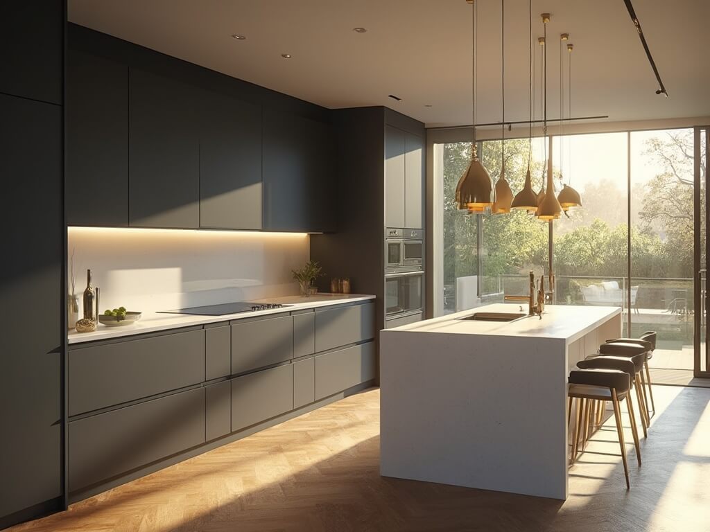 "Modern minimalist kitchen with handleless matte charcoal cabinets, white quartz countertops, brass pendant lights, and oak herringbone flooring"
