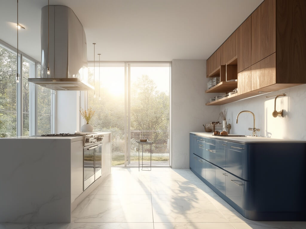 "Sunlit modern kitchen with sleek white cabinets, blue island, walnut open shelving, and brass fixtures"