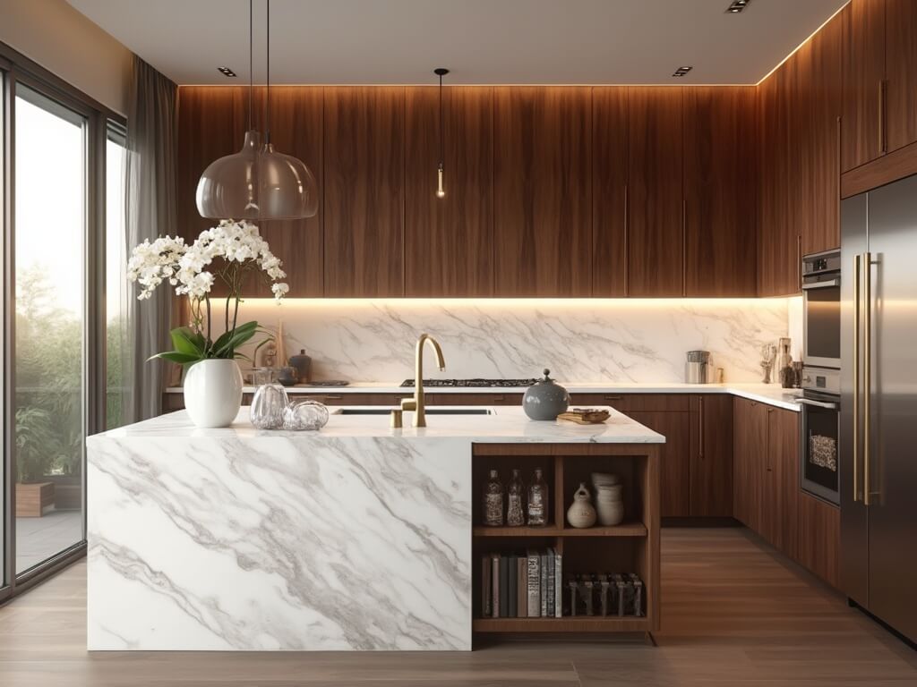 "Luxurious modern kitchen with walnut cabinets, white marble island, minimalistic brass hardware, and natural light from floor-to-ceiling windows"