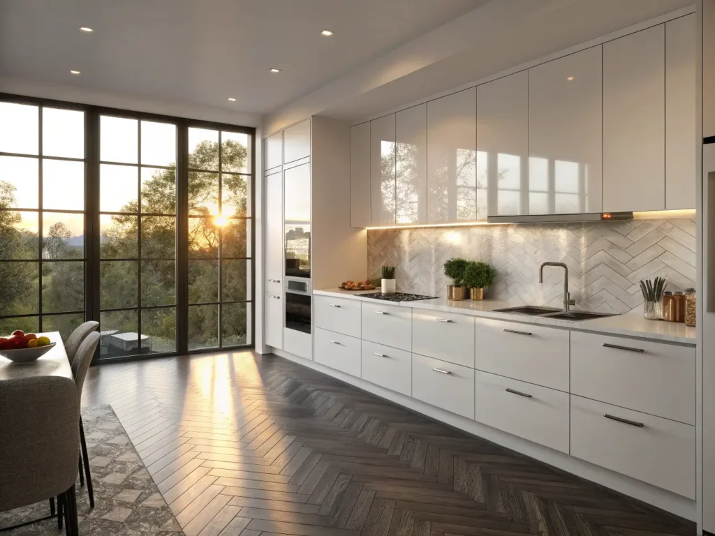 "Modern minimalist kitchen with handleless white cabinets, quartz countertops, stainless steel appliances, and dark oak floors, bathed in natural light from floor-to-ceiling windows"