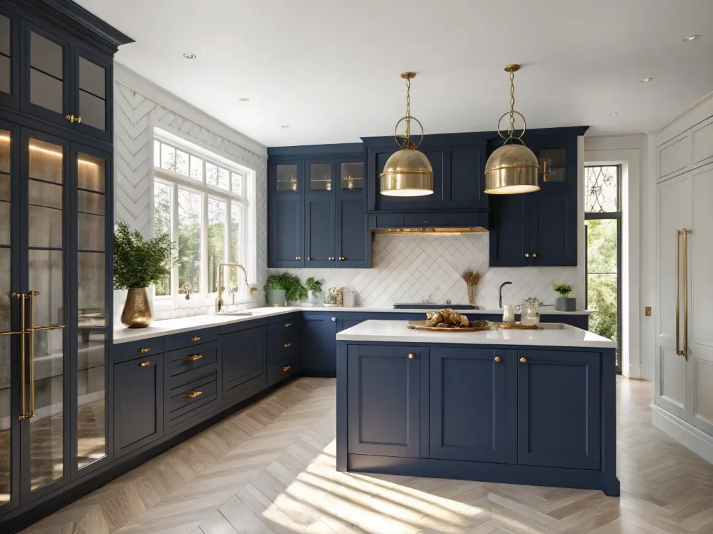 "Modern navy kitchen with white quartzite island, brass hardware, pendant lights, and a brass mirror backsplash under natural soft light from floor-to-ceiling windows"